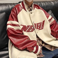 PU呢料拼接棒球服宽松港风欧美情侣夹克男皮衣A071-PY188-P100，男装夹克，电商A071