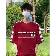 抖音得物高品质二开240克宽松纯棉美式潮牌三条杠织带短袖T恤，男装T恤，电商A486-1