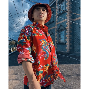 C203男士休闲长袖衬衫宽松文艺东北大花风民族衬衣喜庆情侣装图片