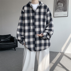 S-3XL 色织格纹连帽衬衫男宽松美复古磨毛黑白格子外套CS535P48特图片