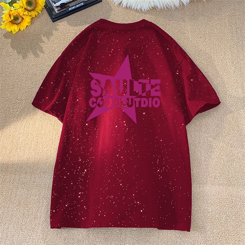 可48小时发货支持抖音得物来样二开 美式满天星亮片短袖T恤MTX668图片