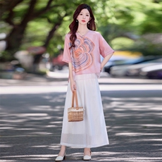 现货！夏季新款2025套装女简约时尚优雅气质天丝麻印花两件套，女装套装/套裙，涵墨