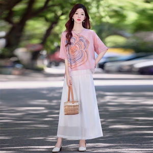 现货！夏季新款2025套装女简约时尚优雅气质天丝麻印花两件套图片