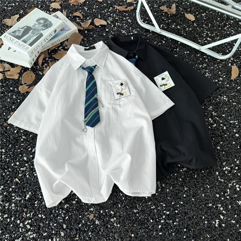 W426-P40复古衬衫夏装港风宽松小众设计感新款上衣链条领带,男装衬衫,星座911-1