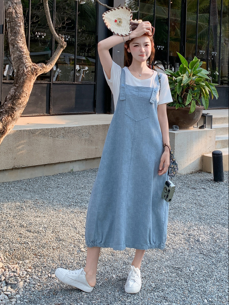 休闲减龄牛仔背带连衣裙套装女夏季新款学院风洋气时尚T恤两件套,女装套装/套裙,慧尚2-185