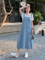 休闲减龄牛仔背带连衣裙套装女夏季新款学院风洋气时尚T恤两件套，女装套装/套裙，慧尚2-185