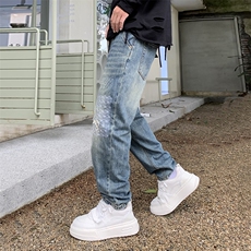 B230档2025秋冬新款破洞撞色补丁刺绣哈伦牛仔裤男9056P100，男装牛仔裤，电商B230
