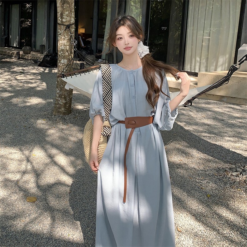 法式高级感连衣裙女2025春夏新款蓝色高腰显瘦七分袖度假风长裙子,女装连衣裙,2C122