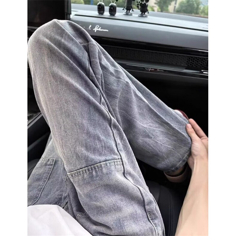 复古蓝闪电纹微喇牛仔裤男夏薄款显腿长裤子美式高街小直筒工装裤,男装牛仔裤,星座1116A（原606A-3）