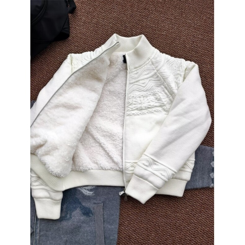 针织加绒棉服男女韩版潮流白色帅气提花MF411-P120图片