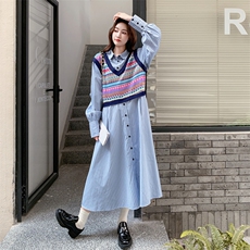 韩系学院风套装女2025年秋季新款时尚减龄撞色马甲连衣裙两件套，女装套装/套裙，2C198