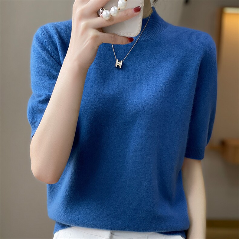 半高领短袖针织羊毛衫女2024夏秋新款纯色短款套头薄款,女装T恤,越洋羊