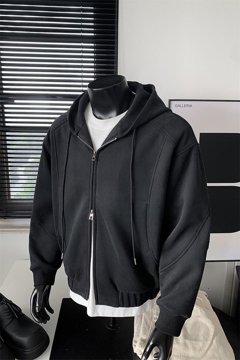 黑色boxy开衫卫衣男款青少年美式高街重磅硬挺连帽衫cleanfit外套,男装卫衣,电商A001-1
