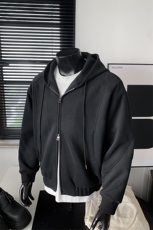 黑色boxy开衫卫衣男款青少年美式高街重磅硬挺连帽衫cleanfit外套，男装卫衣，电商A001-1