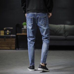 现货潮流破洞牛仔裤男休闲小脚九分裤微弹图片