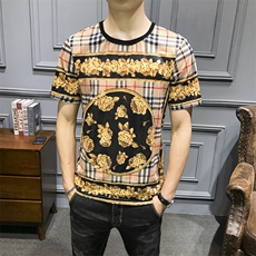 2021夏季新款格子冰丝短袖T恤男钱塘3029-1900-P45真模，男装T恤，钱塘6006(原3029)