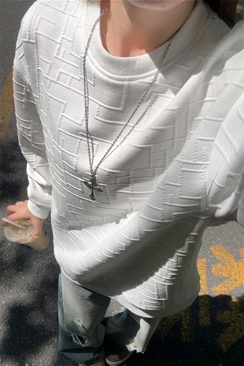 白色不规则肌理感卫衣男秋季美式cleanfit复古长袖T恤情侣打底衫,男装卫衣,电商A022