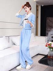 2025年新款春季法式时尚洋气拼接蕾丝翻领短外套小个子阔腿裤两件，女装套装/套裙，美静678