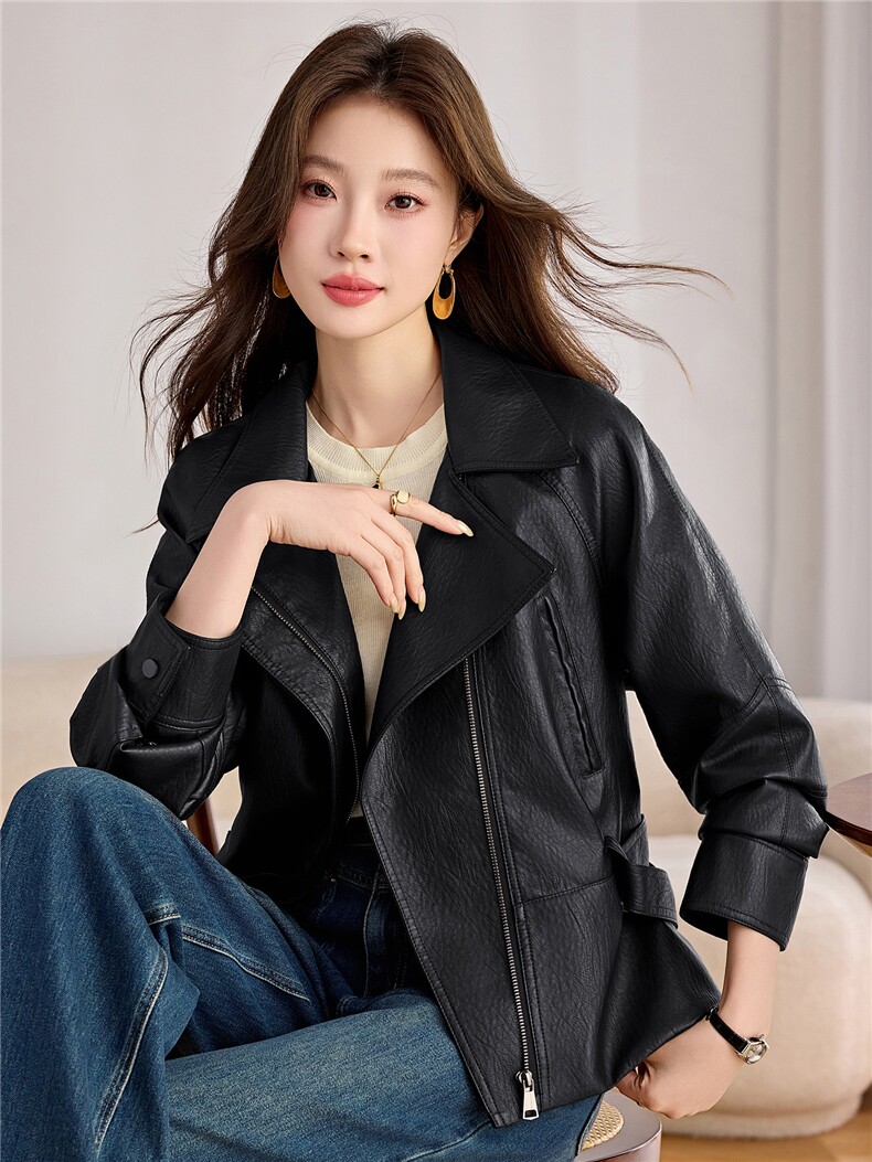 现货海宁气质翻领皮衣女士洋气发财款显瘦休闲百搭春秋外套,女装皮衣,潮流依族