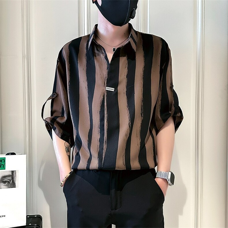 条纹衬衫男士短袖夏季冰丝男装痞帅V领七分中袖衬衣CA6725,男装T恤,星座1116A（原606A-3）