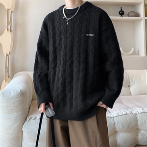 粗线麻花刺绣宽松磨毛慵懒风套头圆领毛衣男 MY6363-P60-控88图片