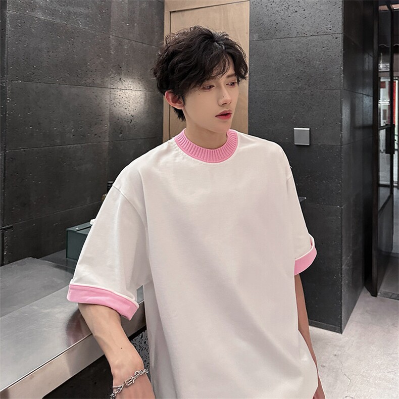 2025新款撞色T恤男美式宽松重磅高密罗口圆领短袖A210A-TX17-P38，男装T恤，电商A210A