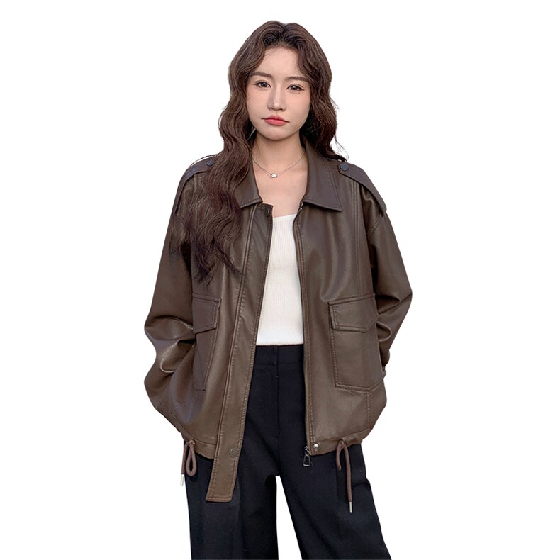 复古翻领咖色皮衣外套女春秋2025新款小个子PU皮夹克爆款高级感,女装皮衣,2C256