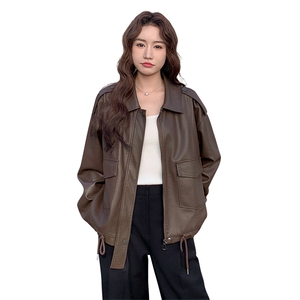 复古翻领咖色皮衣外套女春秋2025新款小个子PU皮夹克爆款高级感图片