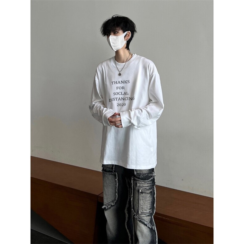 美式复古英文诗歌印花长袖T恤小领口打底衫，男装T恤，星座310A-4