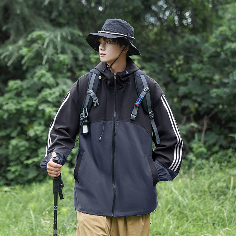 山系风冲锋衣侧条纹夹克中性风户外防风连帽外套秋A436-8805-P75,男装夹克,电商A436