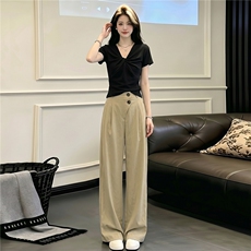 欧韩时尚套装女夏新款黑色V领扭结设计短袖上衣弯刀休闲裤两件套，女装套装/套裙，江南