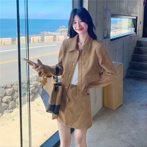 美拉德卡其色夹克外套半身裙套装两件套女2025春秋新款韩系小个子图片