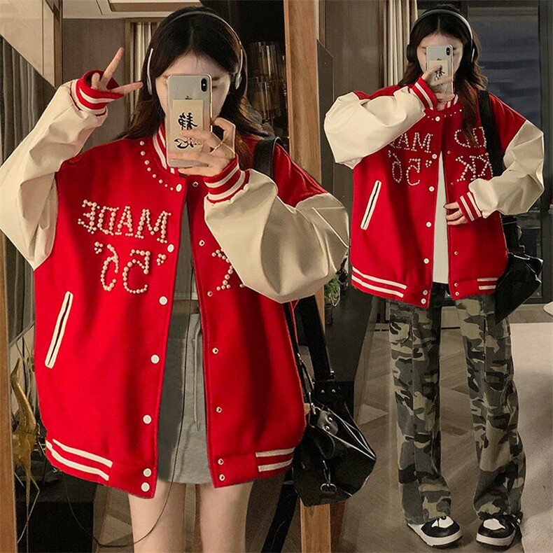 A517-P90珍珠刺绣棒球服男女春季拼接宽松夹克情侣外套,男装夹克,星座911