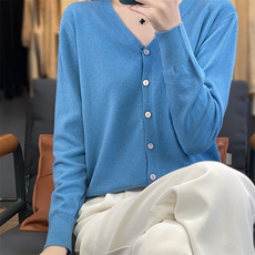 纯棉线针织开衫女春夏V领宽松长袖外套薄款毛衣外搭全棉上衣，女装针织衫/毛衣，德尔信羊绒