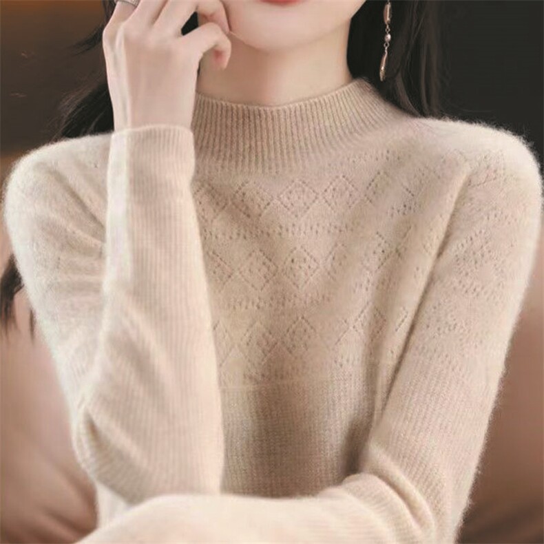 优雅气质红色半高领百搭简约仿羊毛针织衫,针织衫/毛衣,萱芳婷羊绒