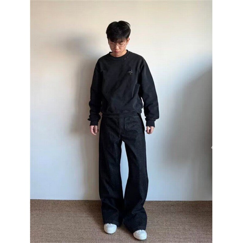 复古黑色直筒牛仔裤男2025年春季休闲宽松阔腿水洗原色长裤,男装牛仔裤,星座506A