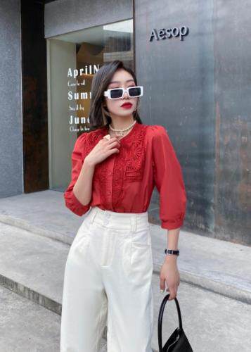 时尚拼接蕾丝花边衬衫，女装衬衫，她家