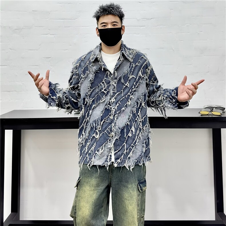 秋季小众毛边流苏设计感时尚牛仔夹克男炸街网红高级感短款外套潮,男装夹克,星座218-1（原230）