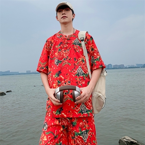 TZZ风盘扣T恤裤子大码团队服东北大花套装男女表演出新中式服图片
