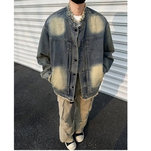 美式复古泥染做旧毛边牛仔外套男春秋季潮牌小众水洗宽松翻领夹克图片