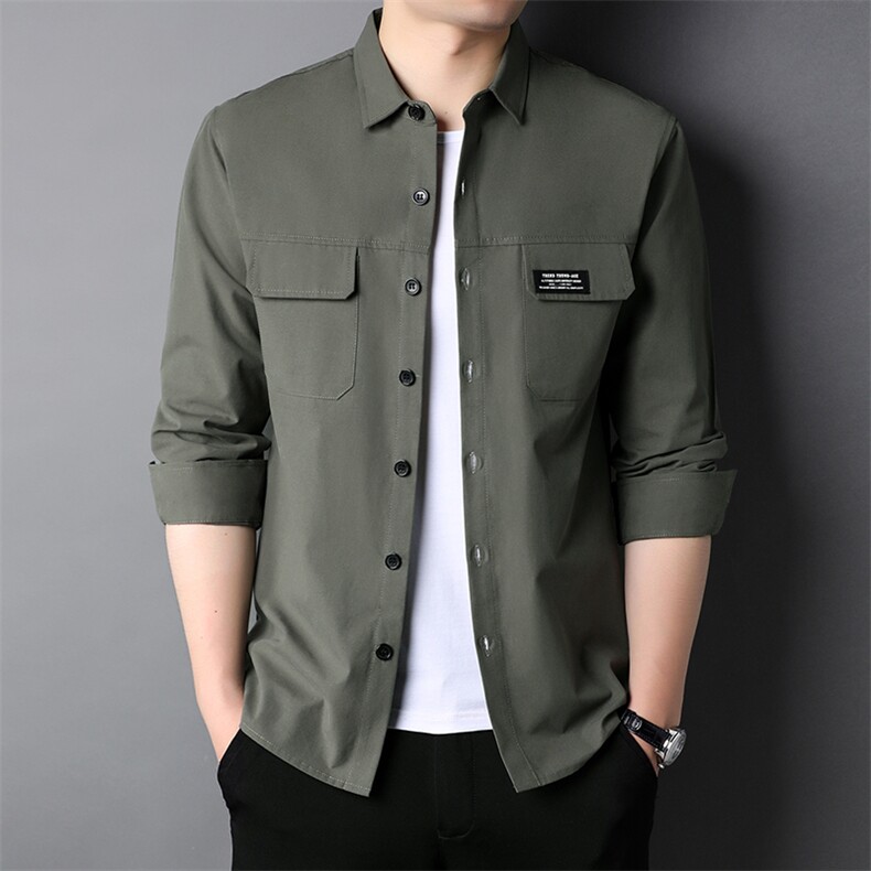 纯棉长袖衬衫男士新款薄款潮牌工装上衣高端休闲衬衣外套男,男装衬衫,钱塘6003（原4033）