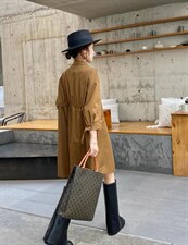 2021秋季新款翻领抽皱个性款风衣外套连衣裙，女装风衣，微迪菲