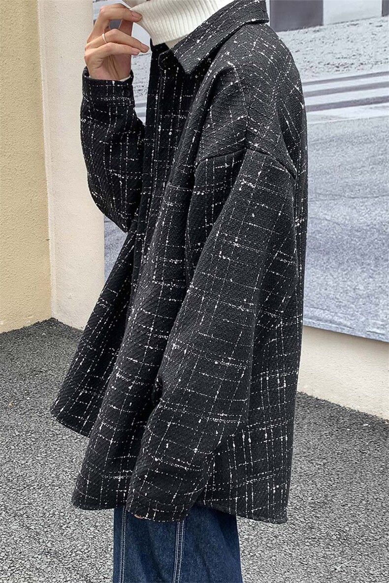 加厚格子衬衫男士潮流宽松高街潮牌秋季呢料休闲衬衣外套DX129P60,男装衬衫,电商B413-1