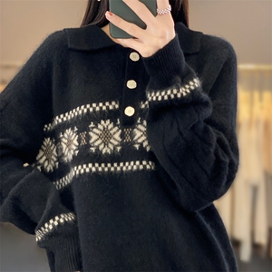 秋冬100%纯羊毛衫女POLO领拼色提花宽松毛衣打底衫加厚羊绒针织衫图片