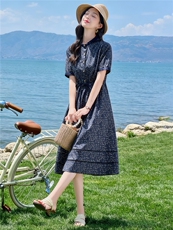 6801时尚气质印花抽绳连衣裙，女装连衣裙，倪叶myz