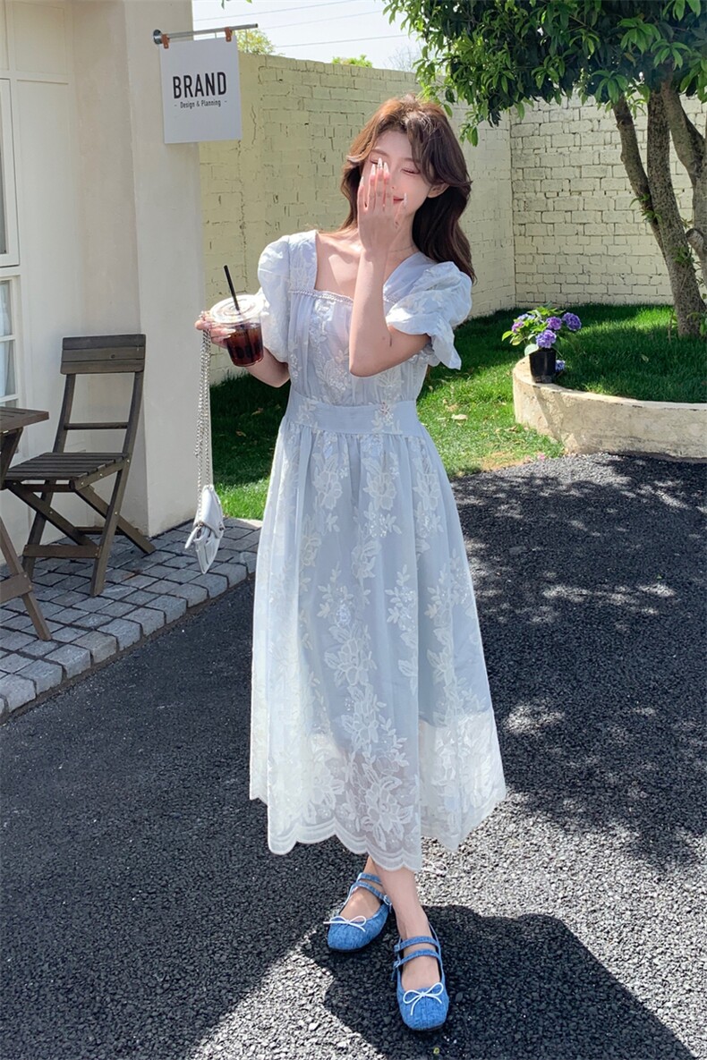 蓝色蕾丝刺绣印花娃娃衫套装女夏季新款显瘦牛仔拼接半身裙两件套,女装连衣裙,浙宝208A