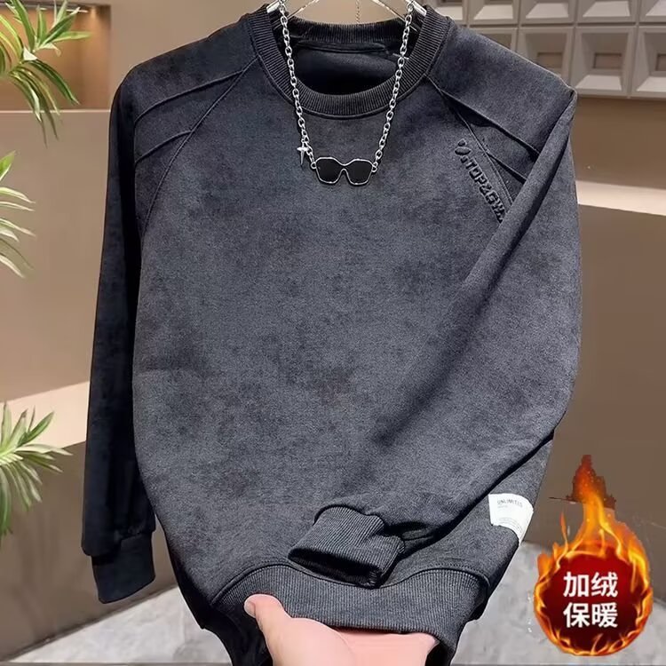 秋冬季新款美式街头水洗加绒圆领卫衣男女复古宽松百搭打底上衣,男装T恤,星座506A