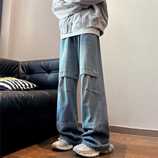 美式复古高腰阔腿牛仔裤新款设计感宽松高街直筒长裤子，男装牛仔裤，星座1013