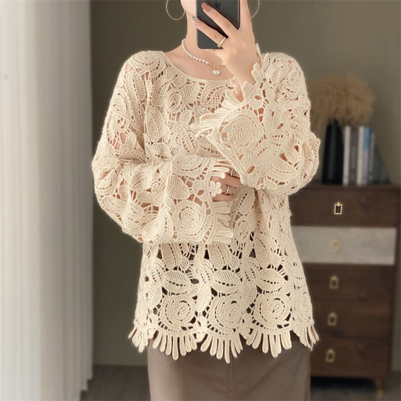 秋冬重工镂空钩花100%纯羊毛衫女圆领针织长袖毛衣宽松慵懒羊绒衫，女装羊毛衫，米丹羊绒