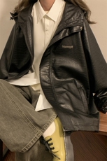 中性连帽鳄鱼纹PU皮衣大码M-5XL情侣休闲冲锋衣夹克男JK8744P90控，男装夹克，星座227-7